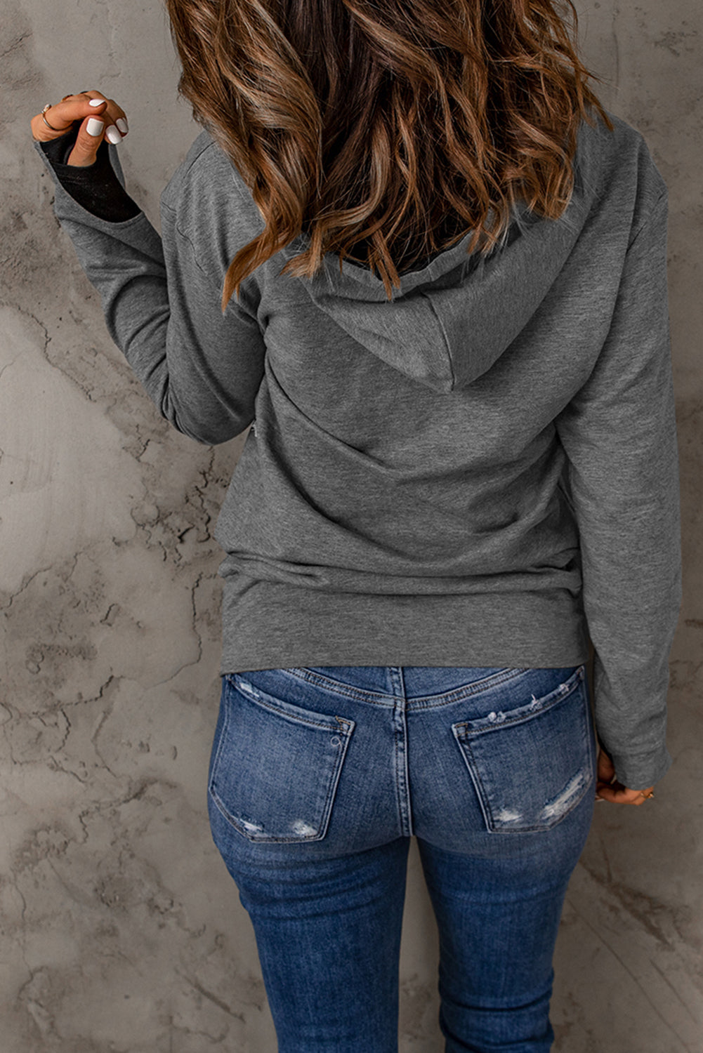 Grey Pocket Half Zip Thumbhole Sleeve Hoodie