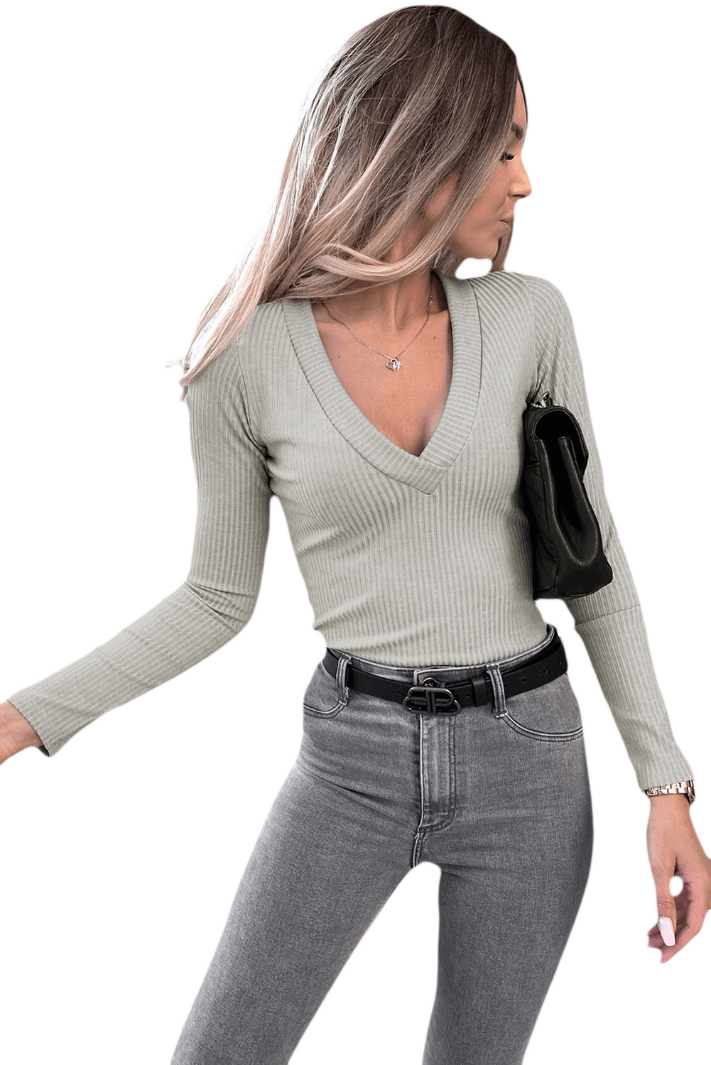 Light Grey Ribbed V Neck Slim Long Sleeve Top