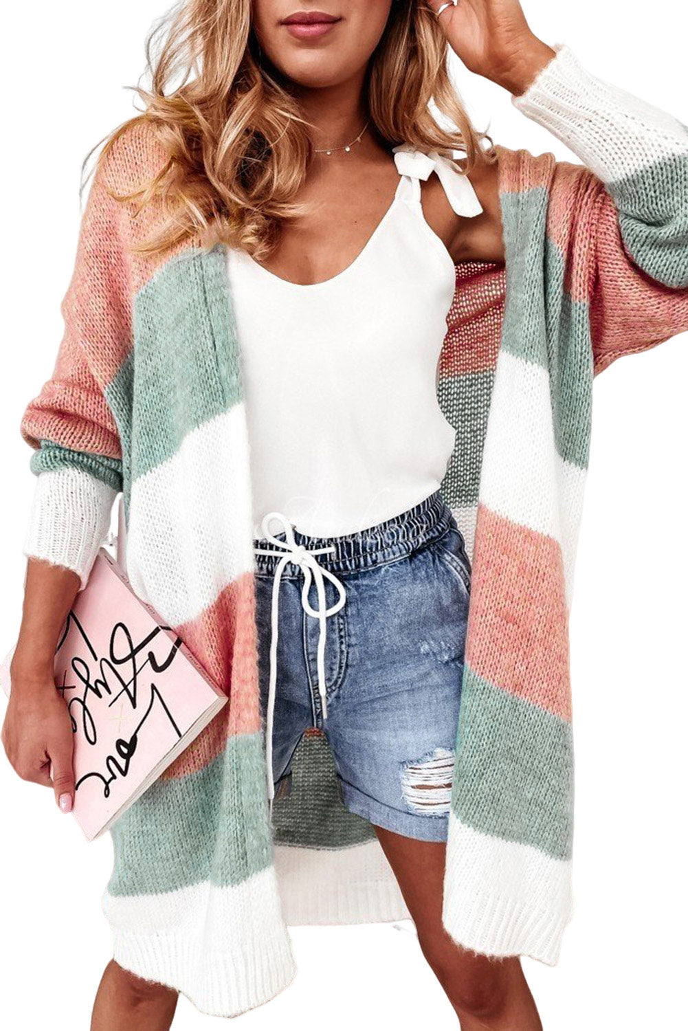 Gray Colorblock Stripe Open Front Cardigan