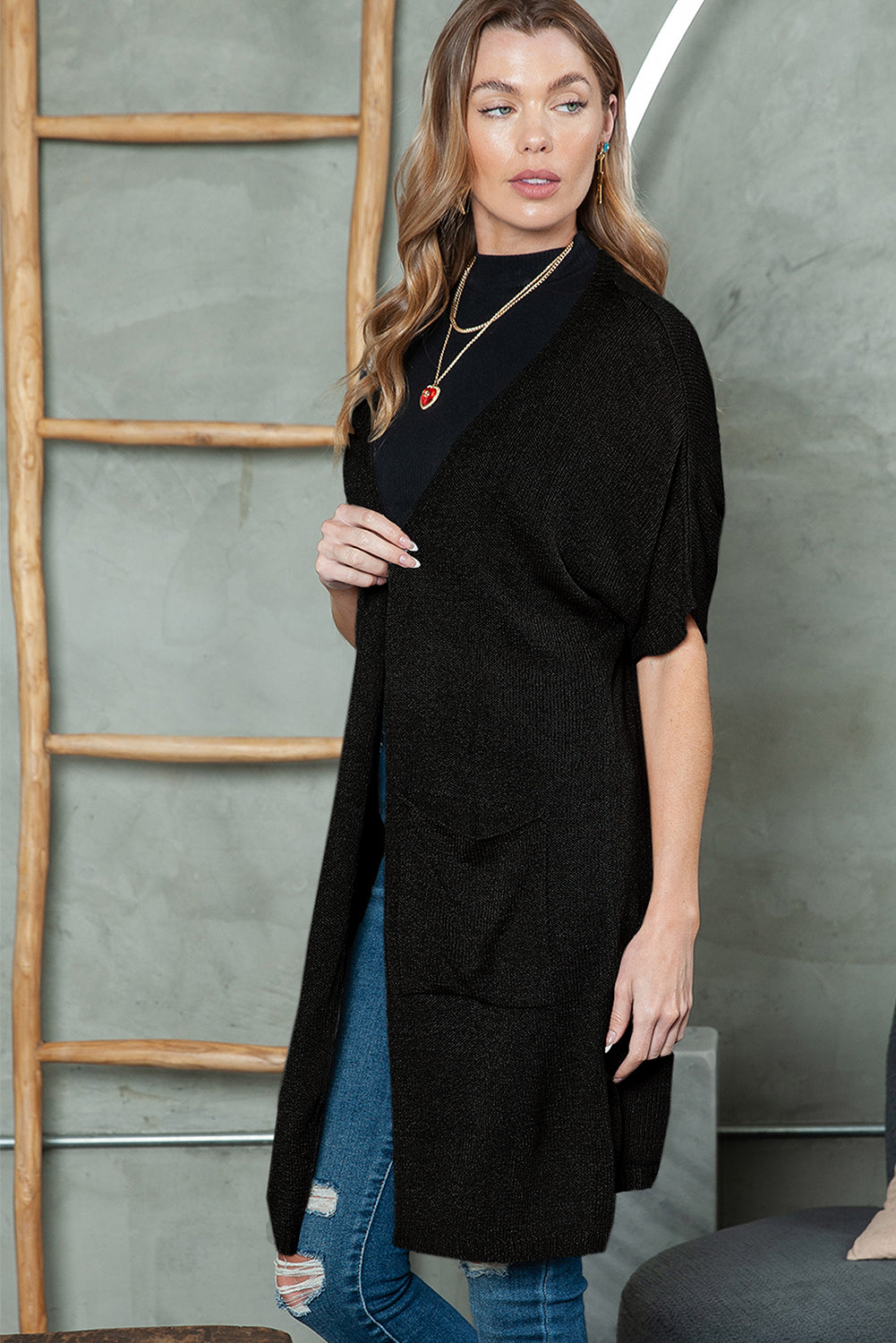 Black Dolman Half Sleeve Pocketed Long Cardigan