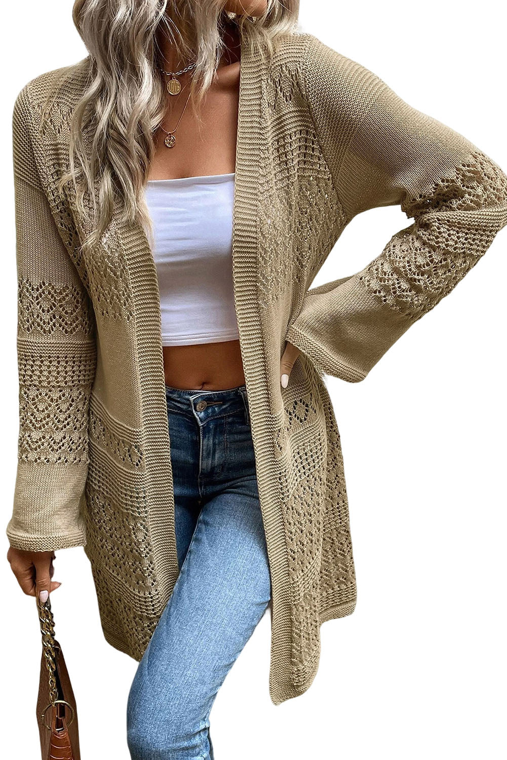 Khaki Pointelle Knit Open Front Long Cardigan