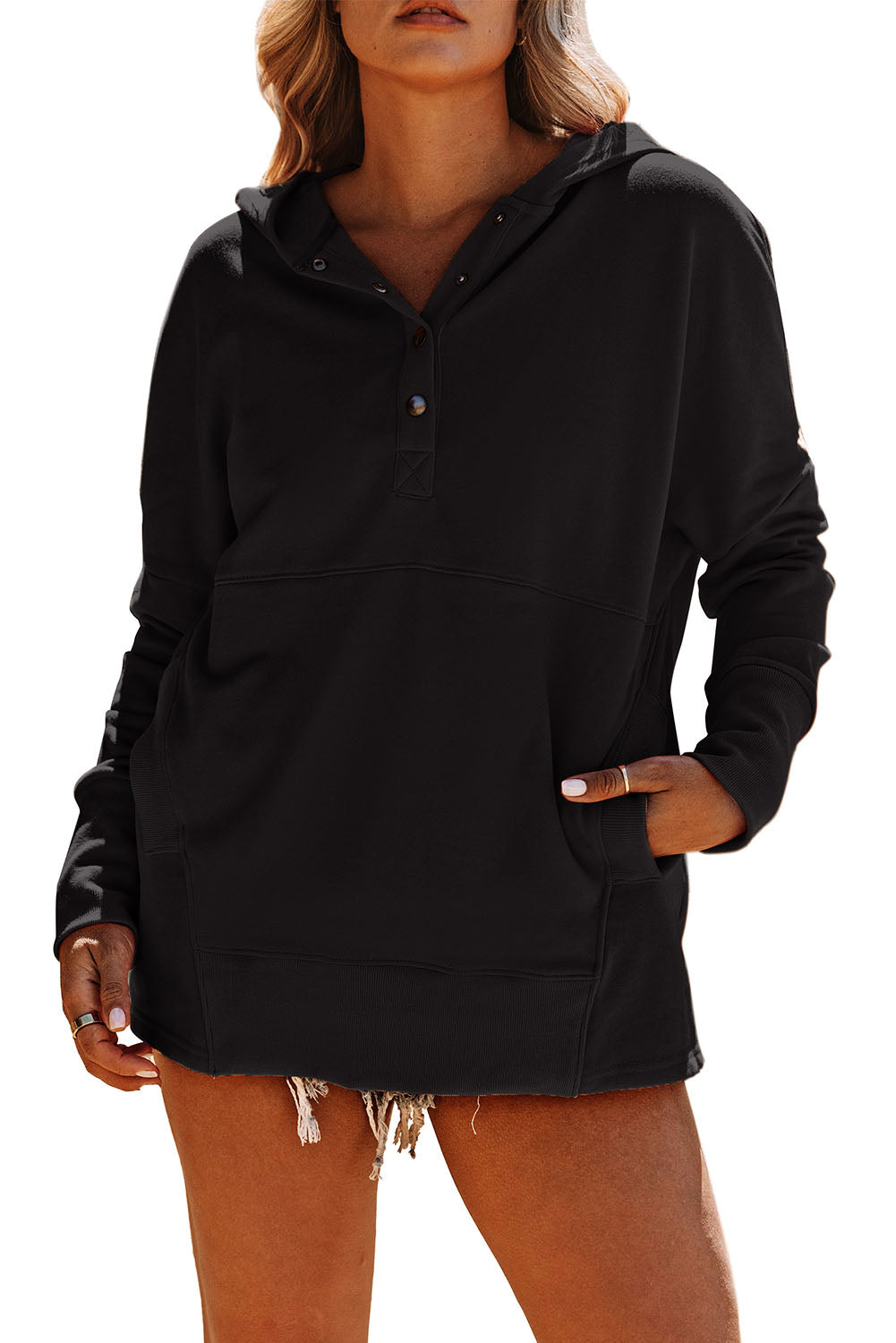 Black Casual Pocketed Batwing Sleeve Henley Hoodie