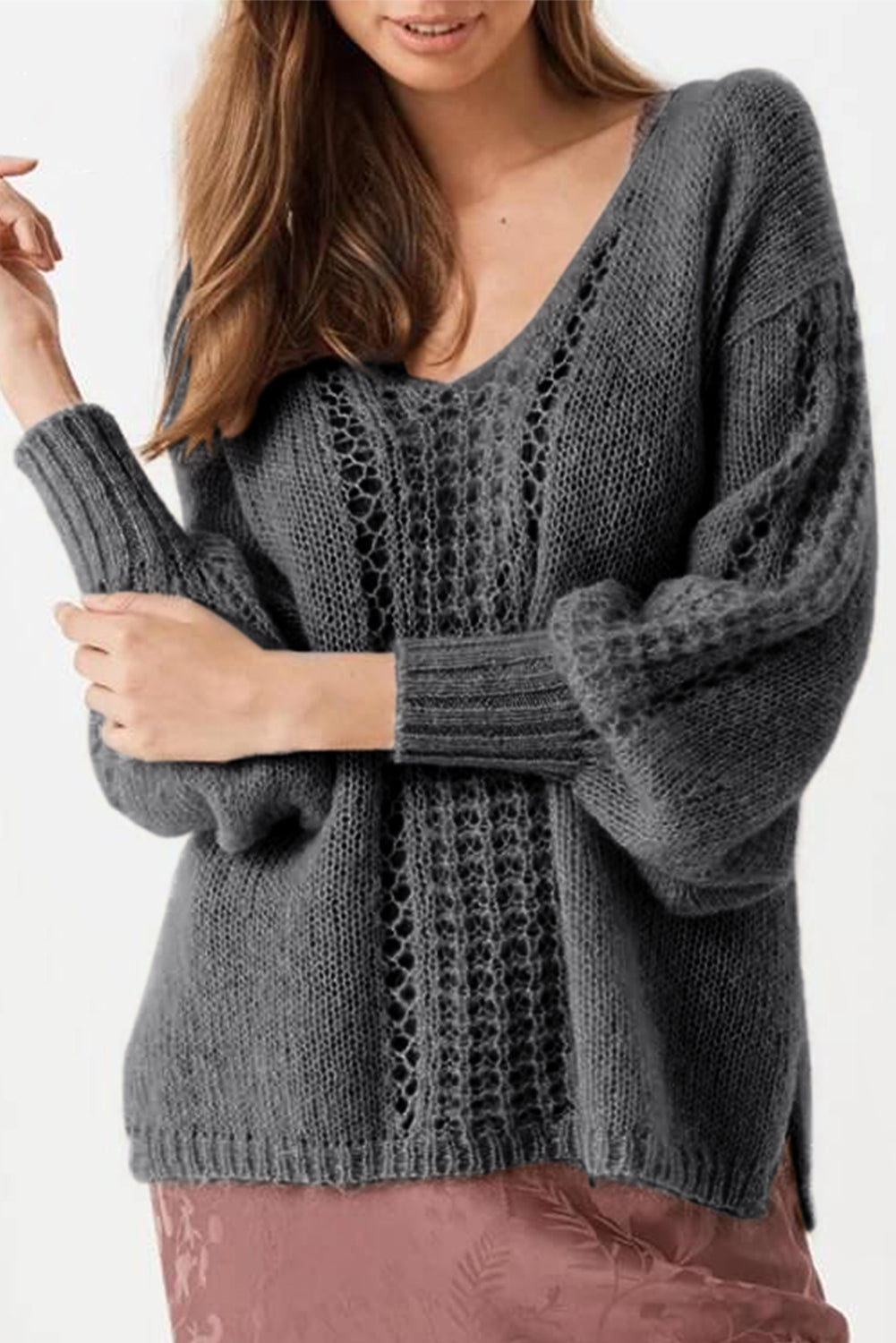 Gray V Neck Crochet Drop Sleeve Oversized Sweater