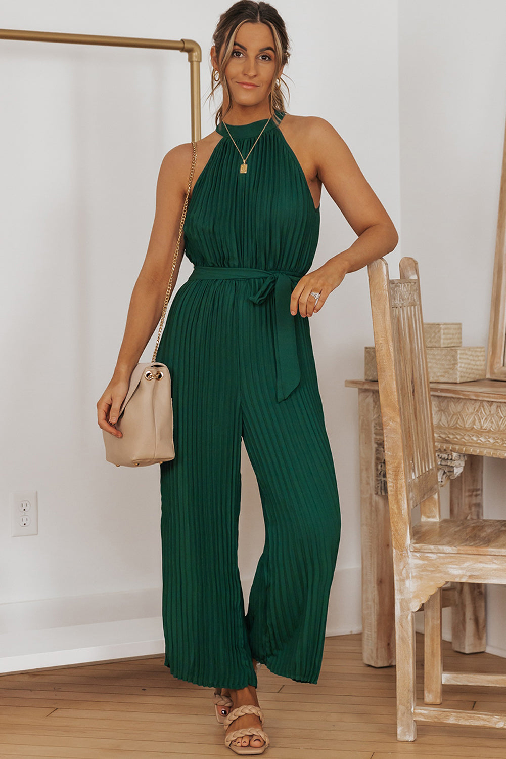 Black Elegant Halter Neck Belted Pleated Wide Leg Jumpsuit