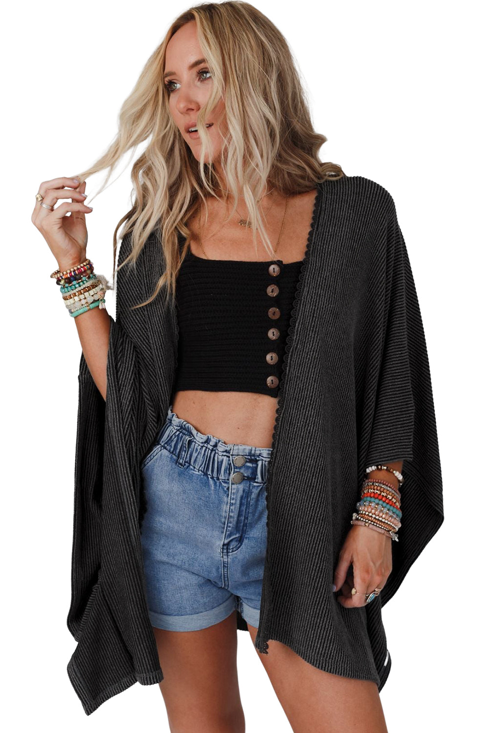 Apricot Textured Lace Trim Open Front Kimono Cardigan