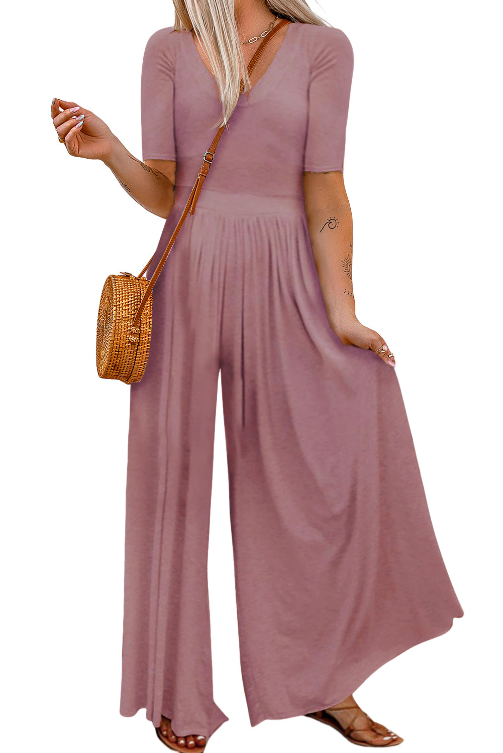 Gray Plain Basic Short Sleeve Wide Leg Jumpsuit