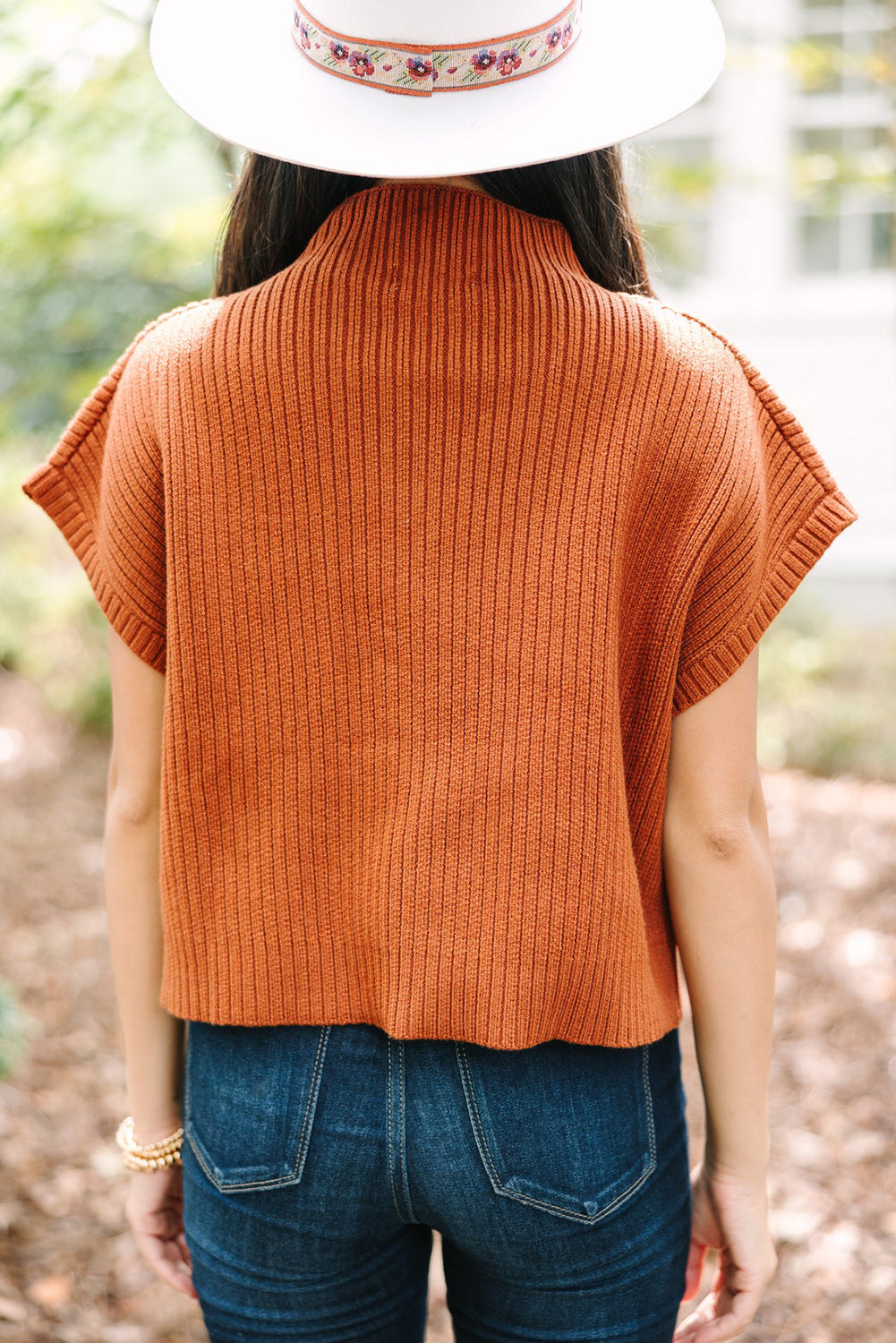 Gray Patch Pocket Ribbed Knit Short Sleeve Sweater