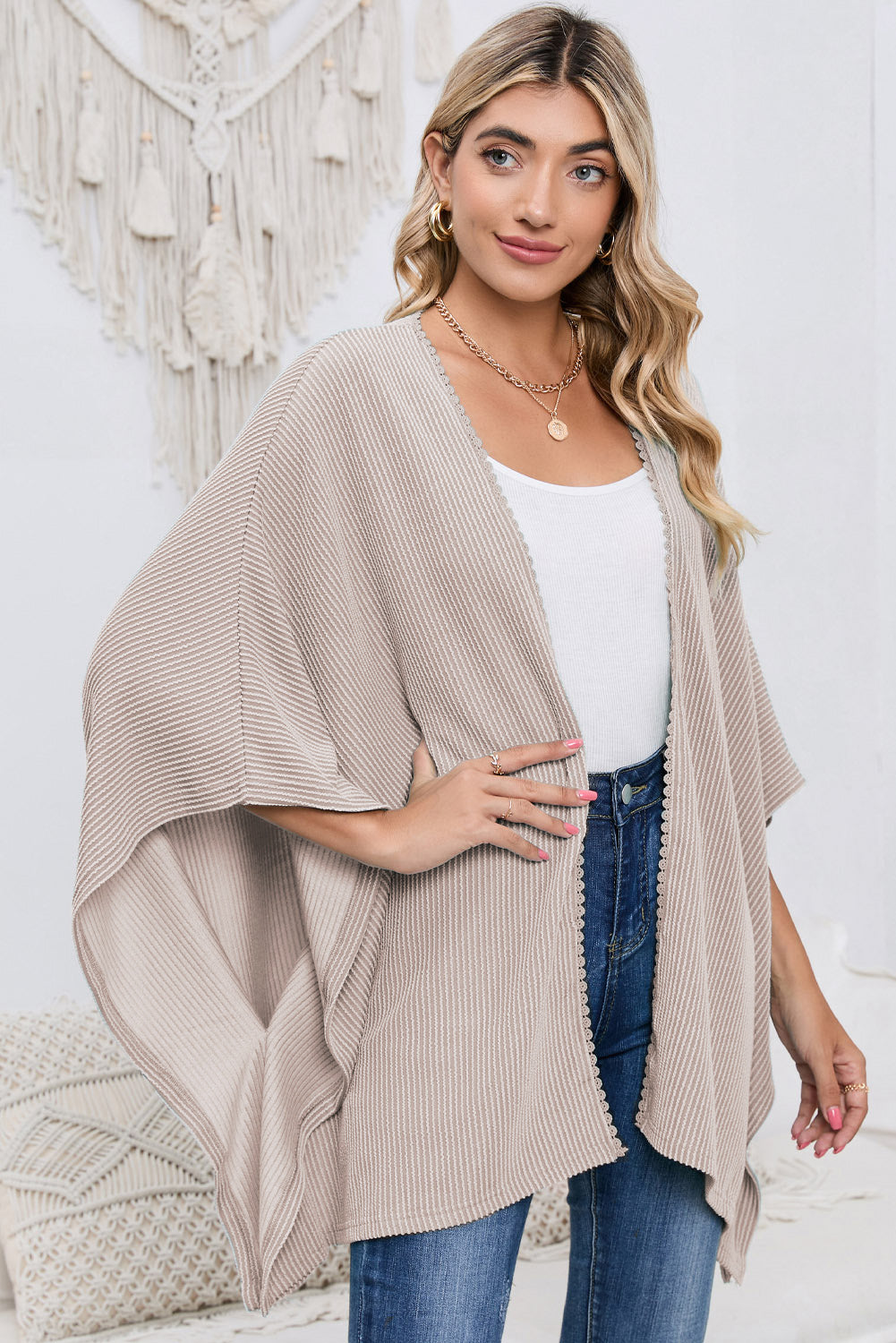 Apricot Textured Lace Trim Open Front Kimono Cardigan