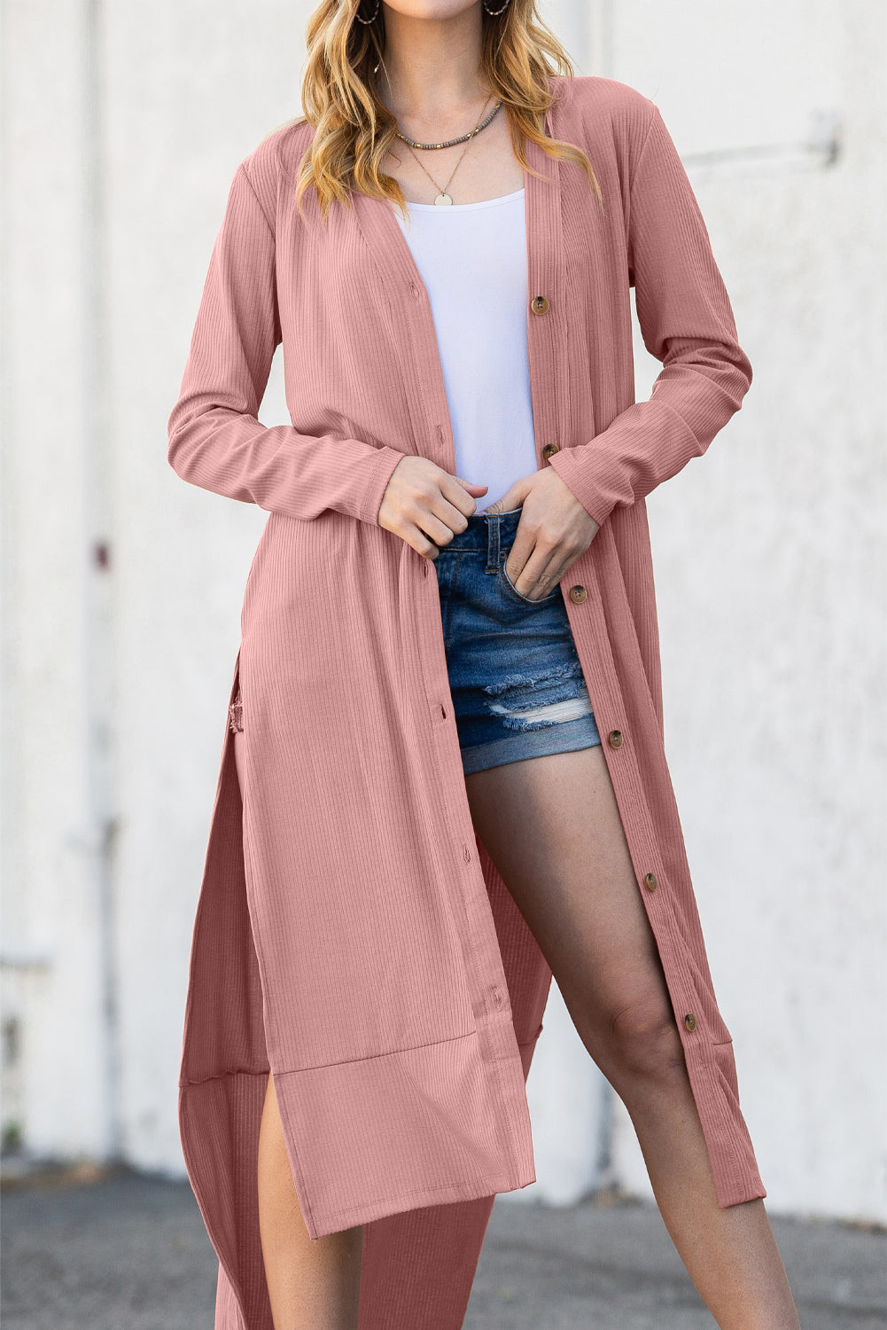Gray Ribbed Button Up Side Split Duster Cardigan