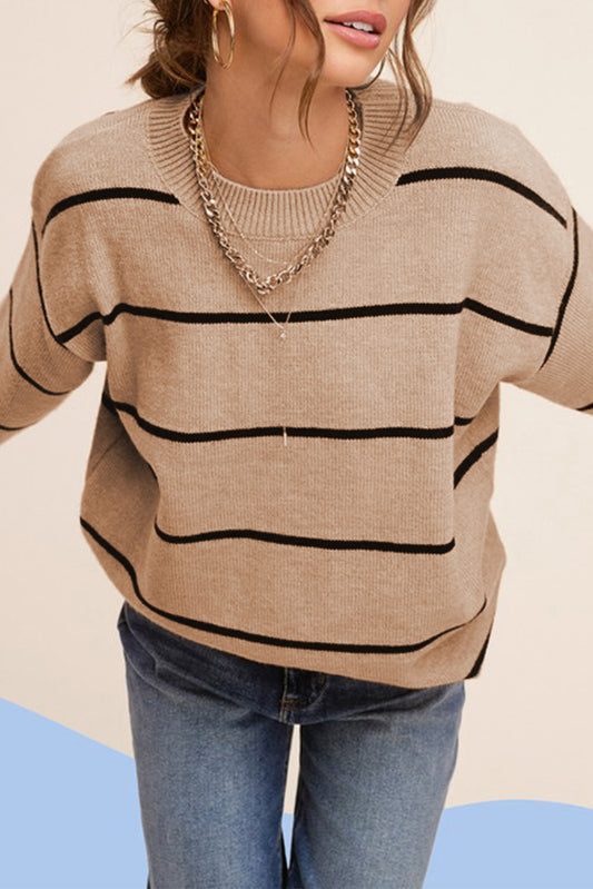 Brown Striped Ribbed Trim Contrast Knit Sweater