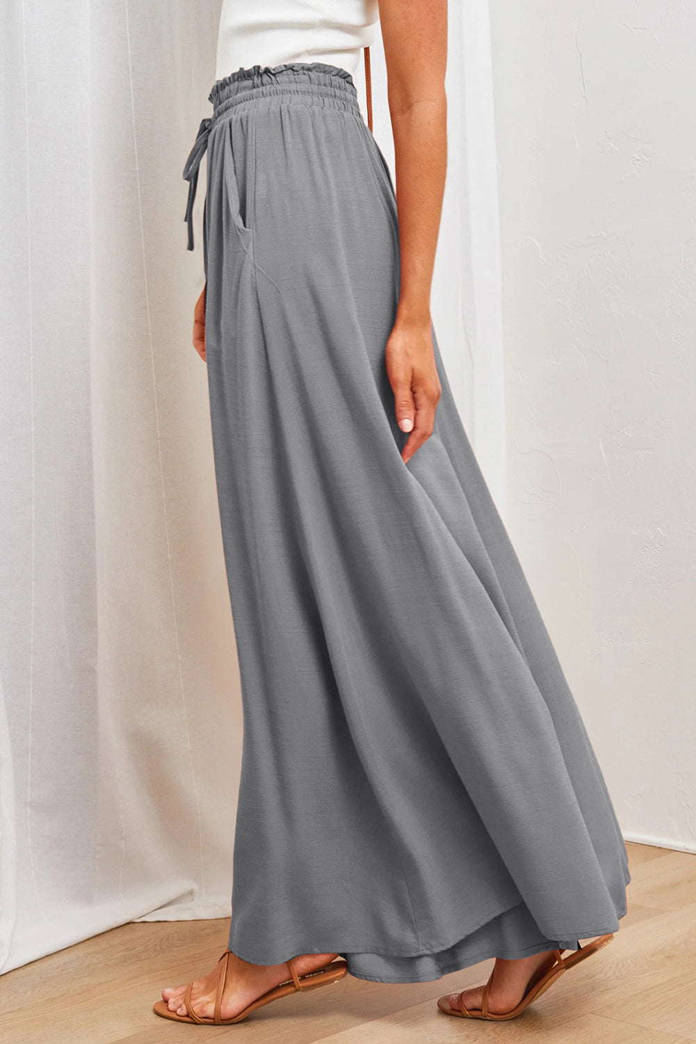 Gray Drawstring Smocked High Waist Wide Leg Pants