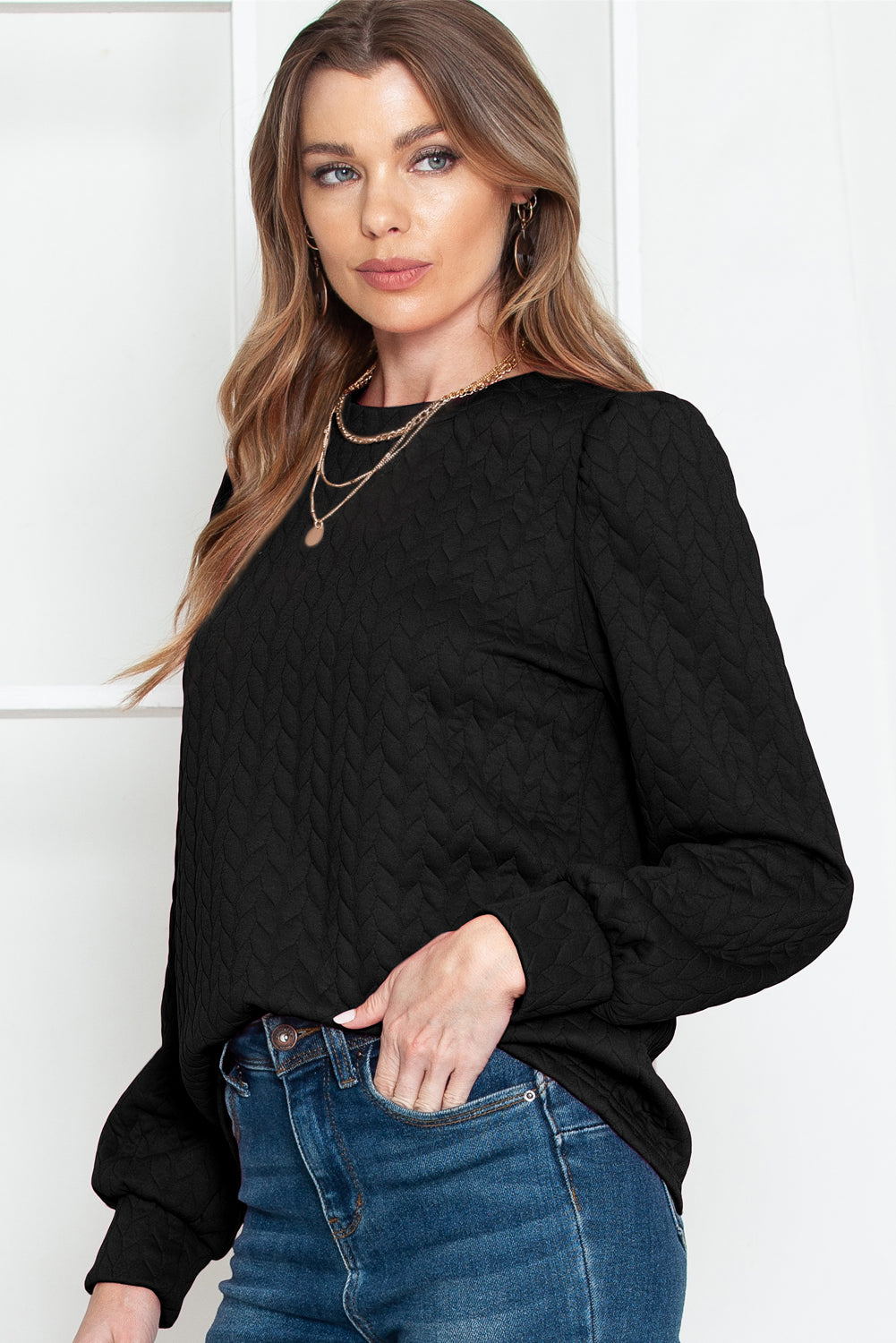 Black Waffle Quilted Puff Sleeve Sweatshirt