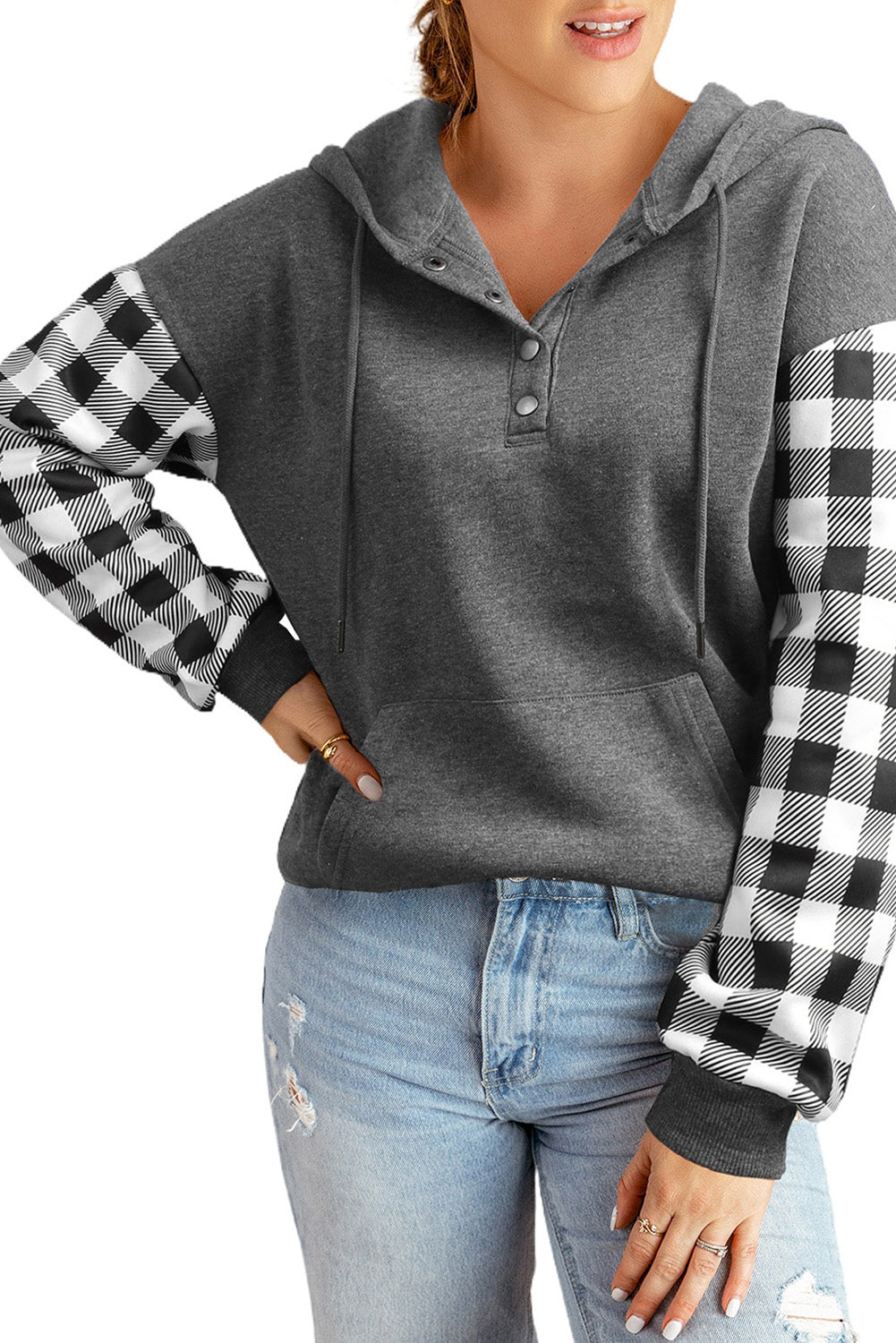 Grey Plaid Casual Snap Button Pullover Hoodie With Pocket