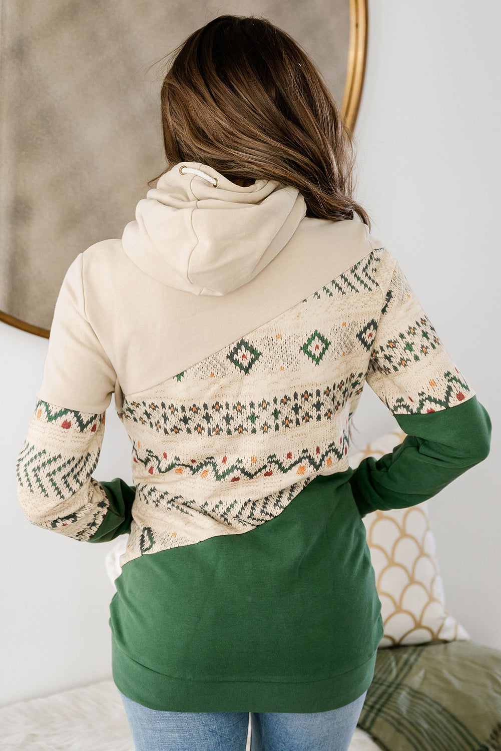 Green Geometric Patchwork Kangaroo Pocket Hoodie