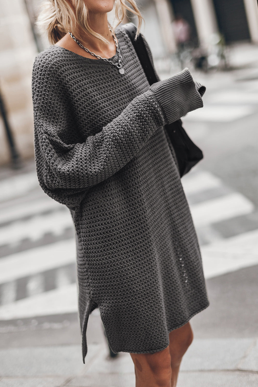 Dark Grey Drop Sleeve Side Slits Tunic Oversized Sweater