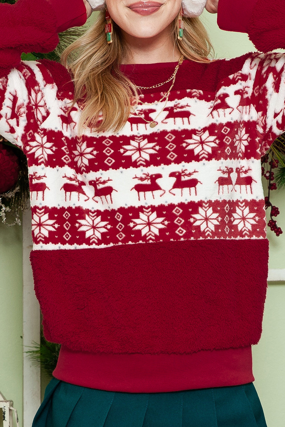 Red Christmas Reindeer Snowflake Fleece Sweatshirt