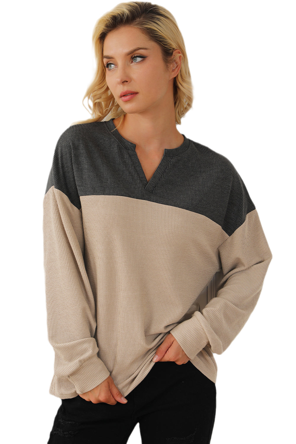 Carbon Grey Patchwork V Neck Corded Sweatshirt