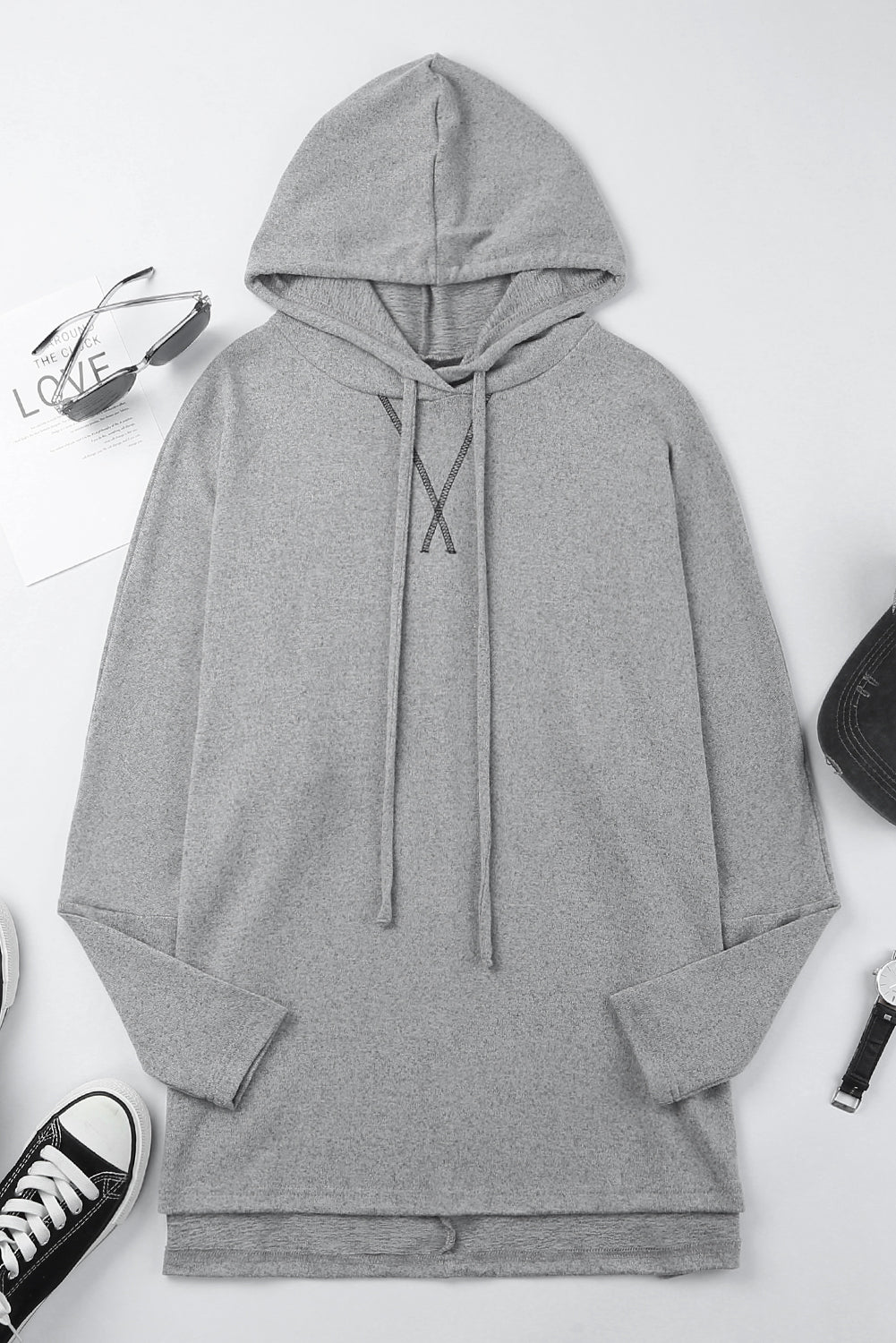 Grey Solid Color Casual Loose Drawstring Hoodie