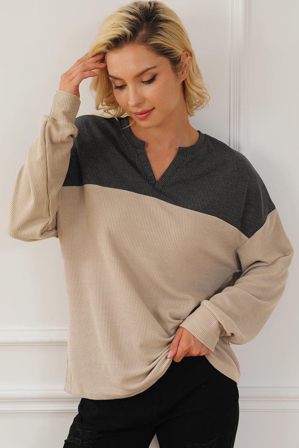 Carbon Grey Patchwork V Neck Corded Sweatshirt