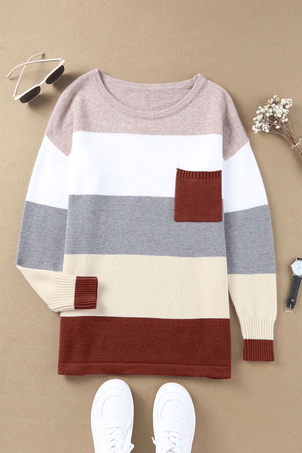 Grey & White Colorblock Casual Pockets Knit Sweater