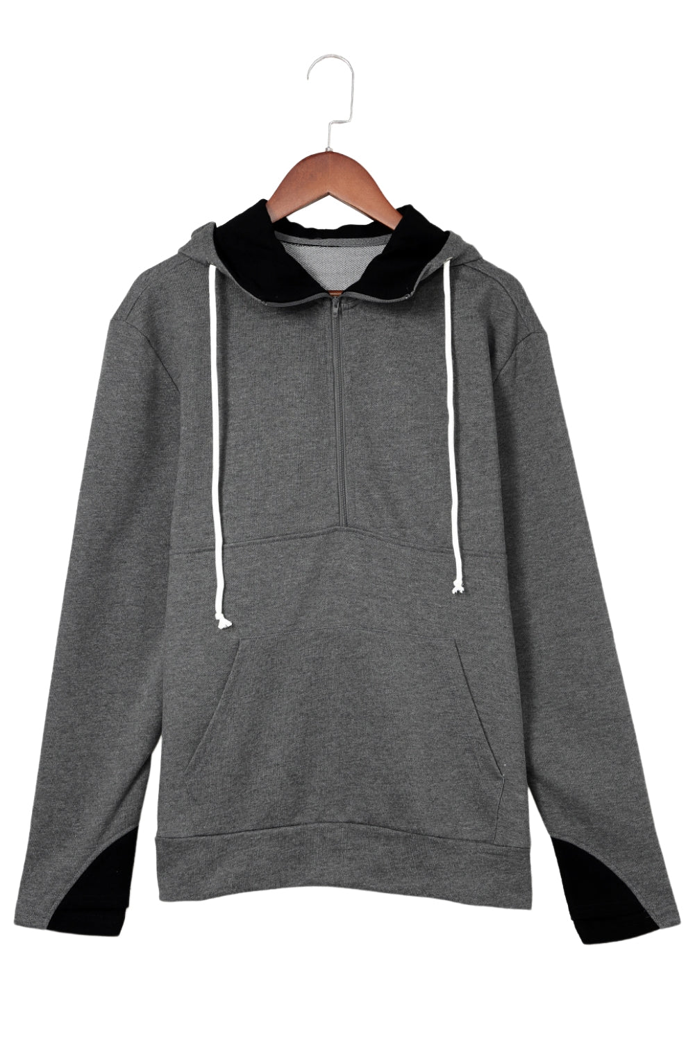 Grey Pocket Half Zip Thumbhole Sleeve Hoodie