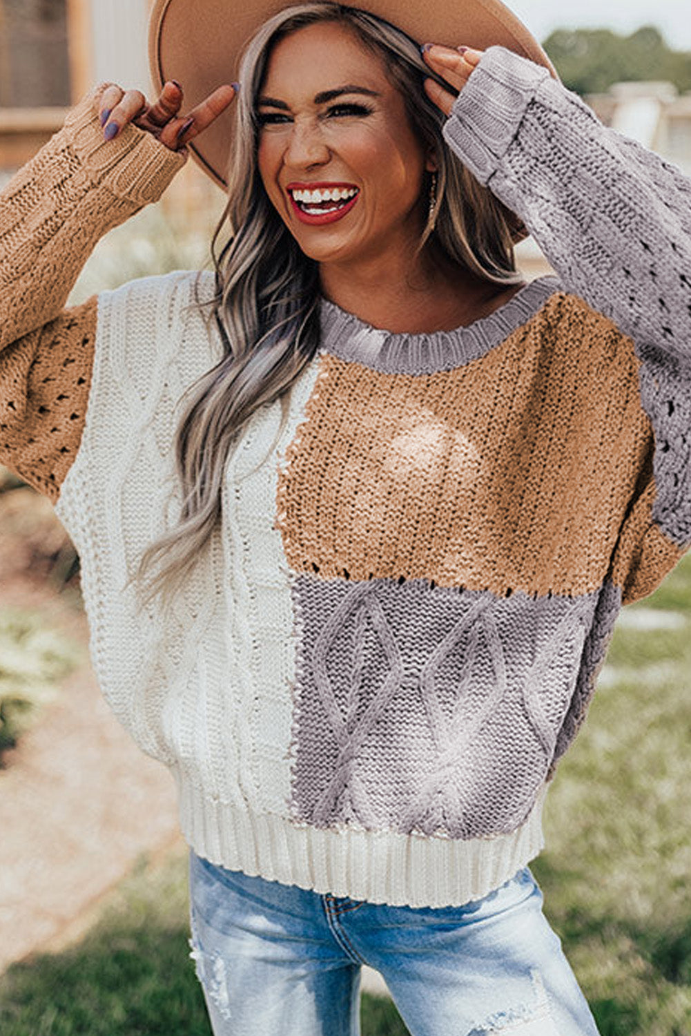 Brown Casual Colorblock Mixed Textured Sweater