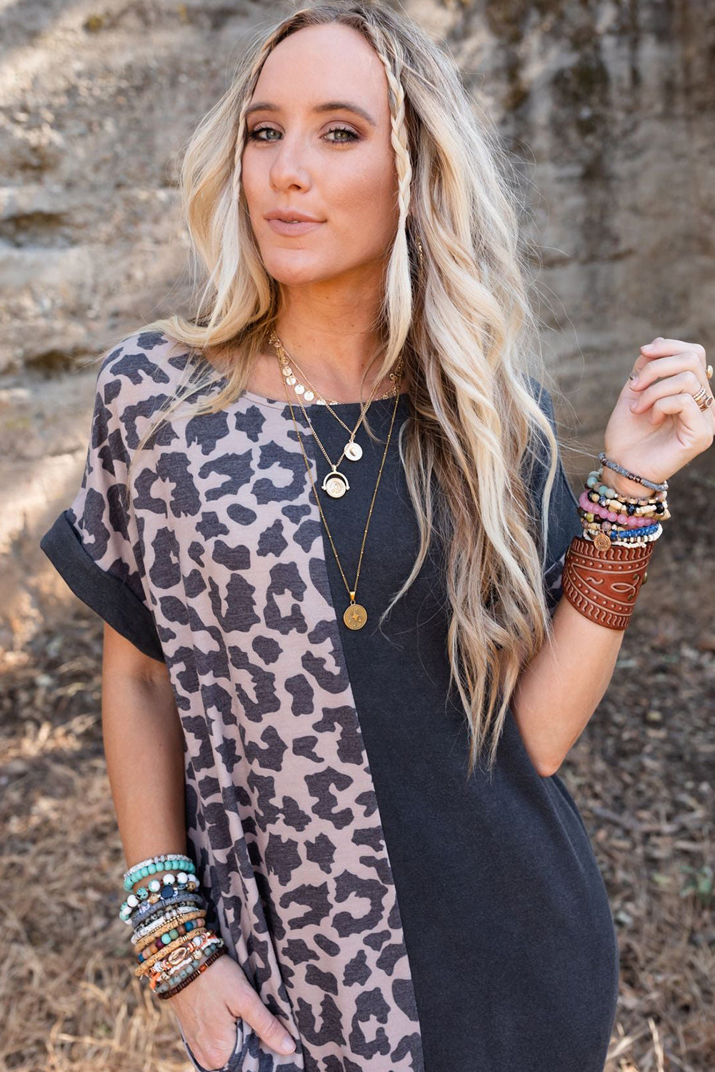 Grey Leopard Print Short Sleeve Side Slits Pocket Dress