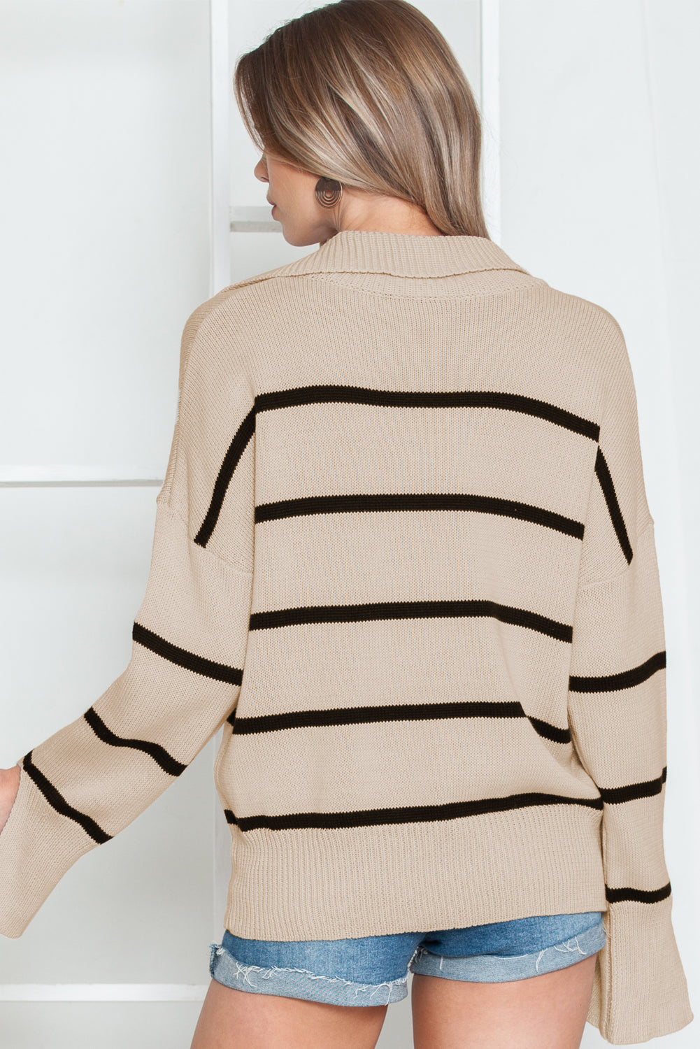 Khaki Striped Knit Collared Pullover Sweater