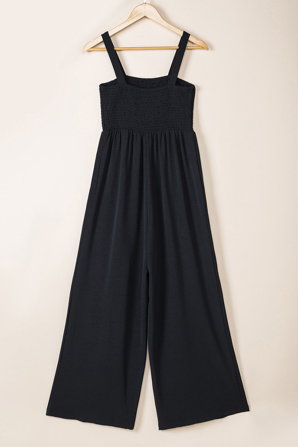 Black Casual Smocked Sleeveless Wide Leg Jumpsuit With Pockets