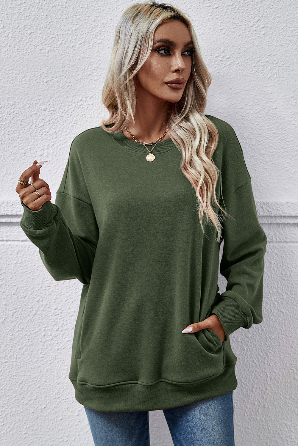 Moss Green Round Neck Pockets Tunic Sweatshirt