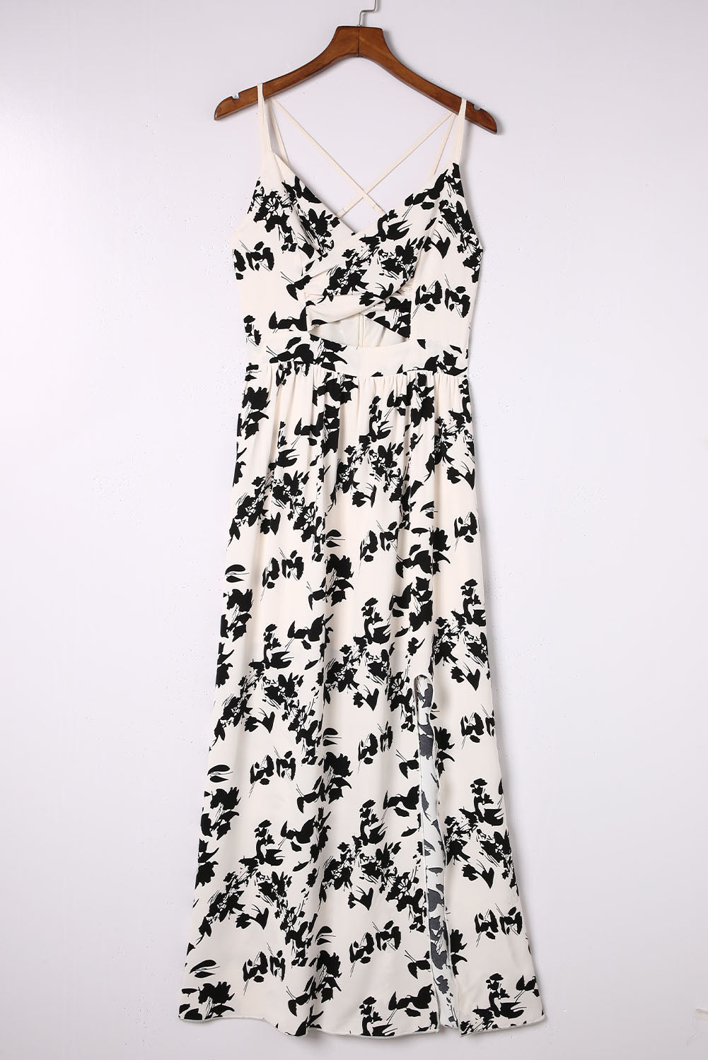 Beige Crossover Hollow-out Maxi Floral Dress With Slit