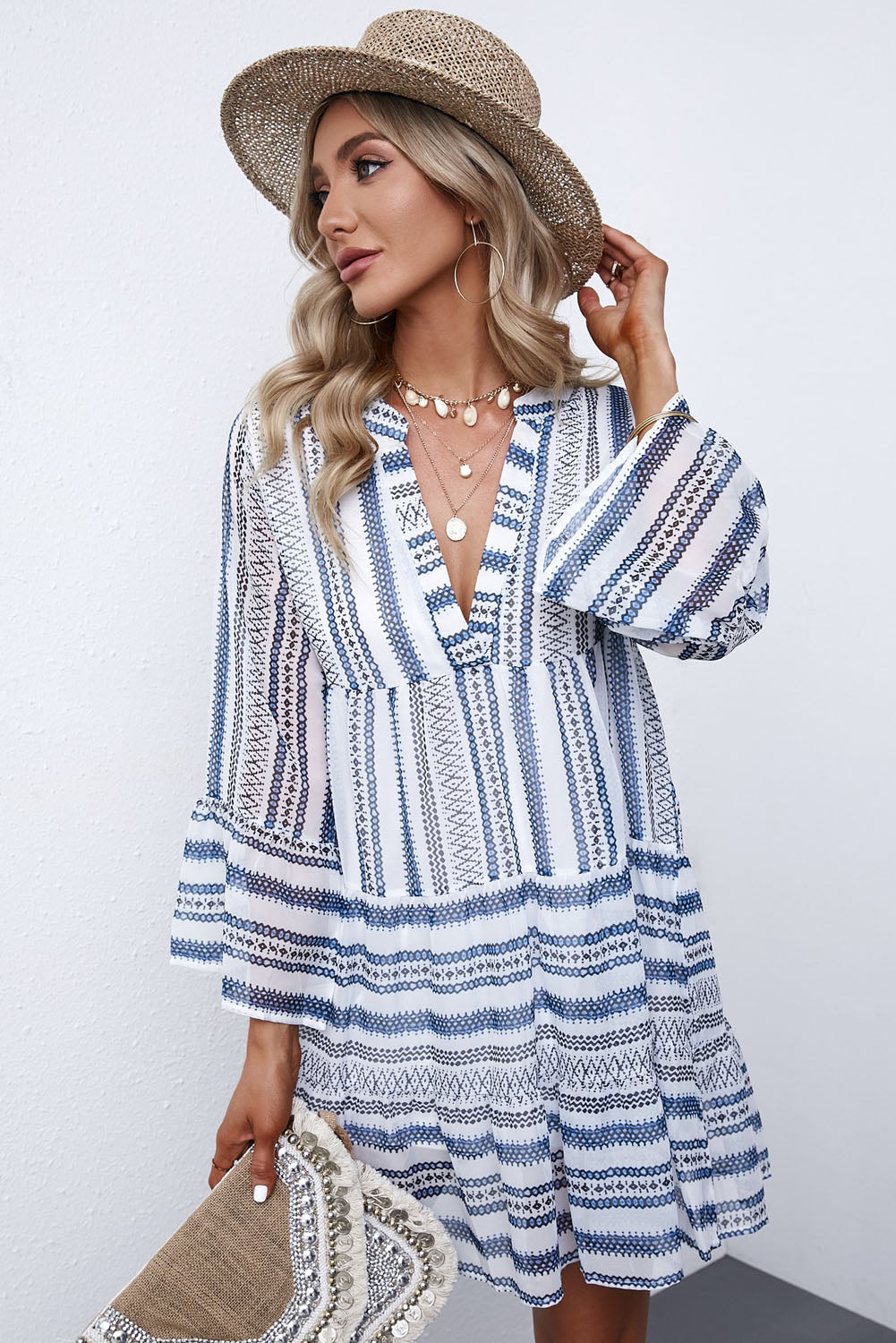 Blue Split V Neck 3/4 Sleeve Chiffon Tunic Dress