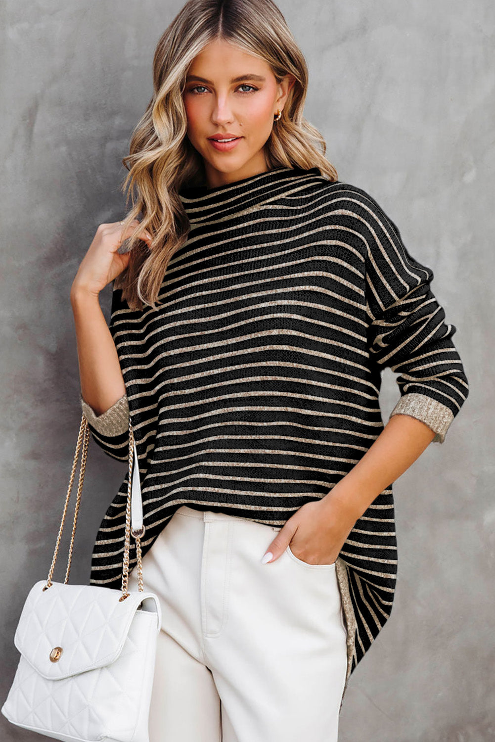 Khaki Striped Turtleneck Oversized Sweater