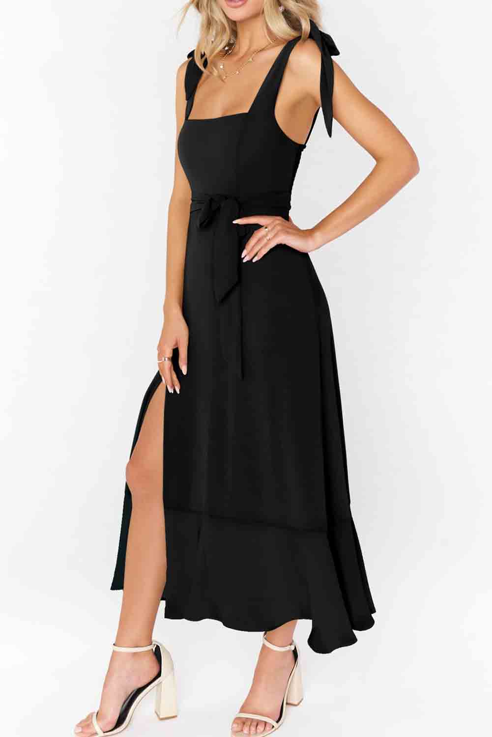 Black Tie Shoulder Smocked Back Side Slit Maxi Dress