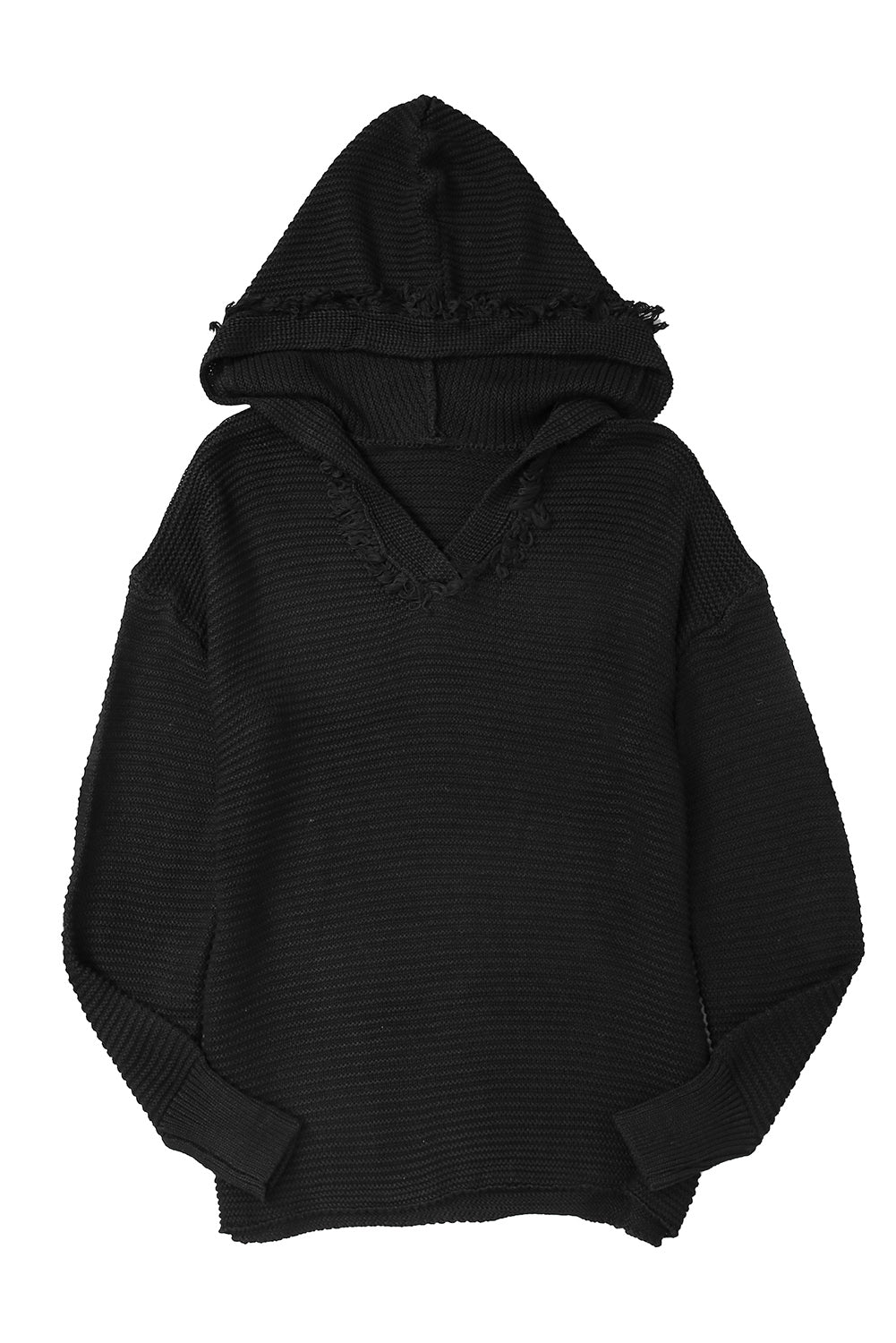 Black Split V Neck Pullover Knit Sweater Hoodie