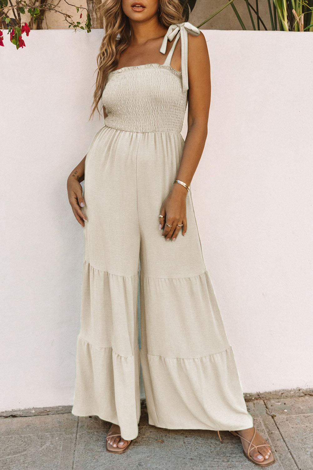 Black Tie Straps Shirred Casual Tiered Wide Leg Jumpsuit