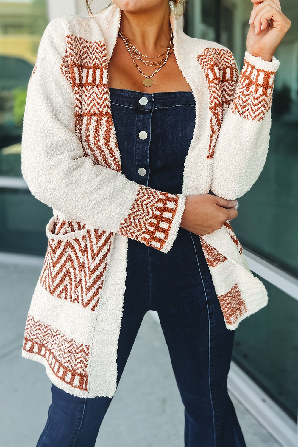 White Geometric Print V Neck Belted Cardigan