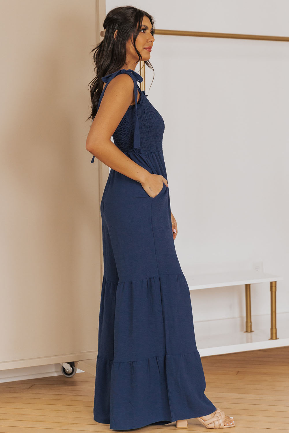 Black Tie Straps Shirred Casual Tiered Wide Leg Jumpsuit