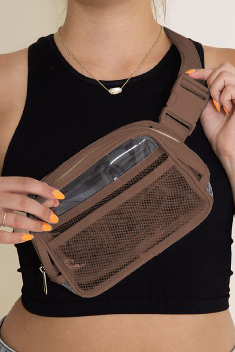 Brown Adjustable Straps Zipper Clear Waist Bag