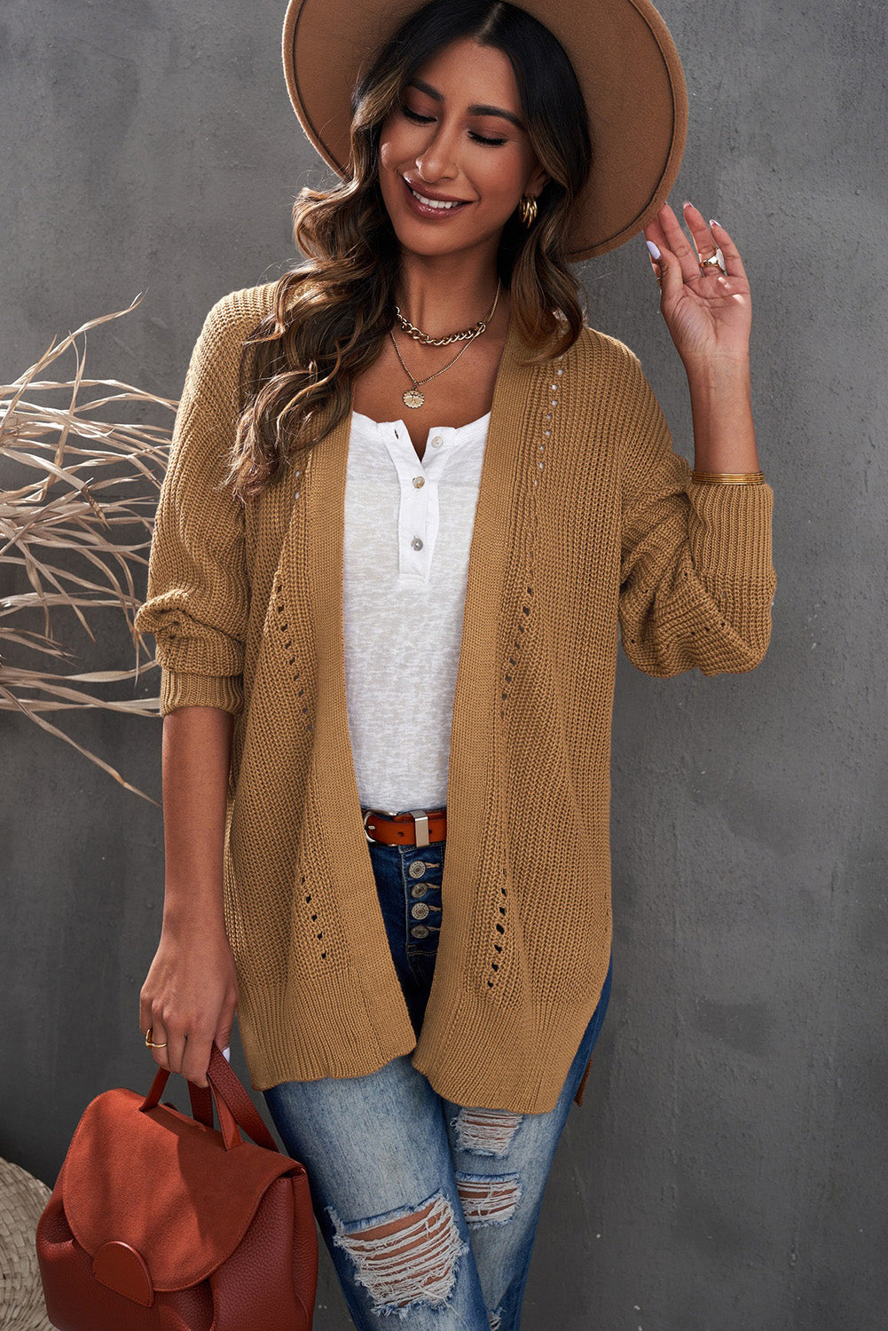 Khaki Fall Long Sleeve Long Cardigan Sweater