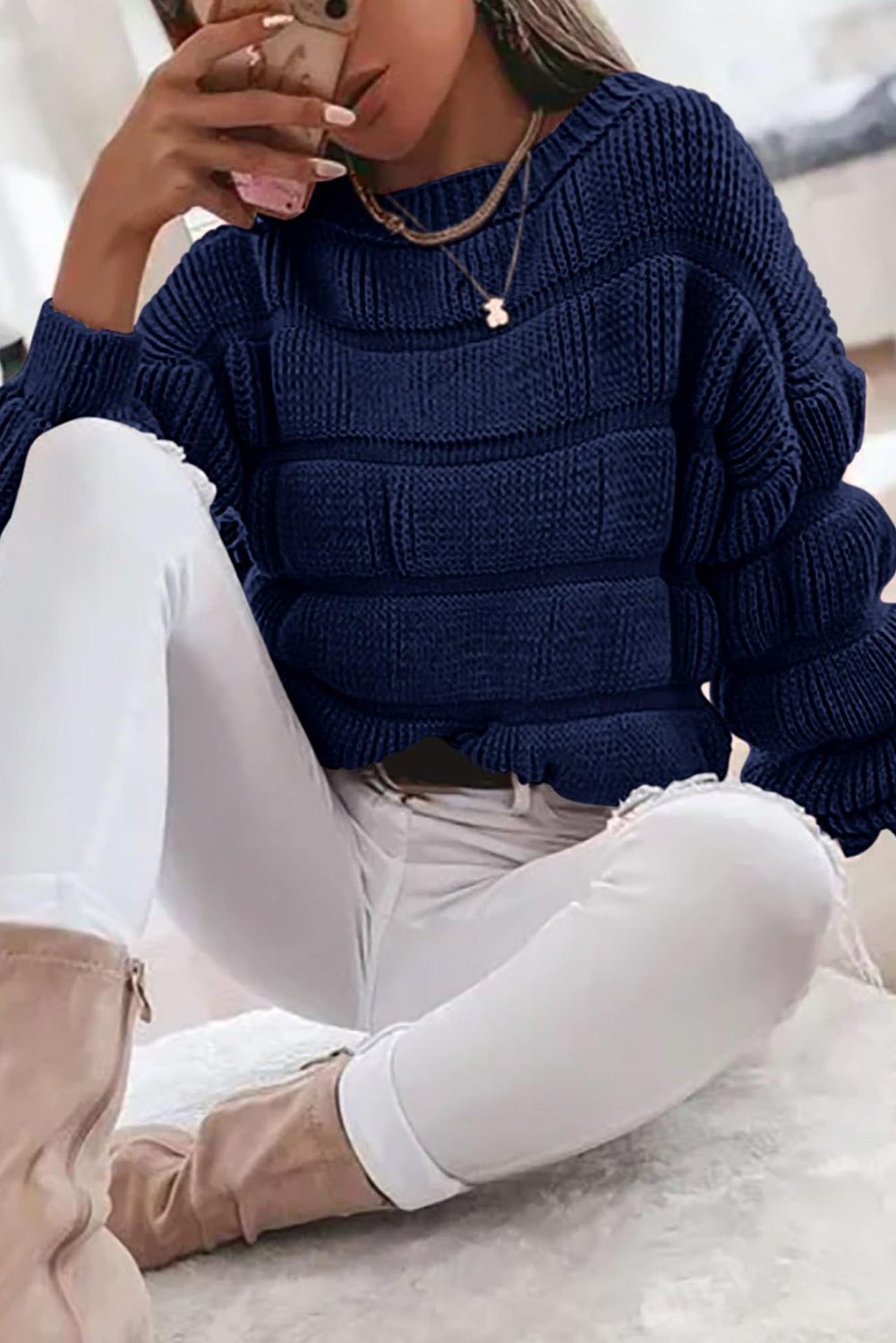 Navy Blue Plain Chunky Knit Long Puff Sleeve Sweater