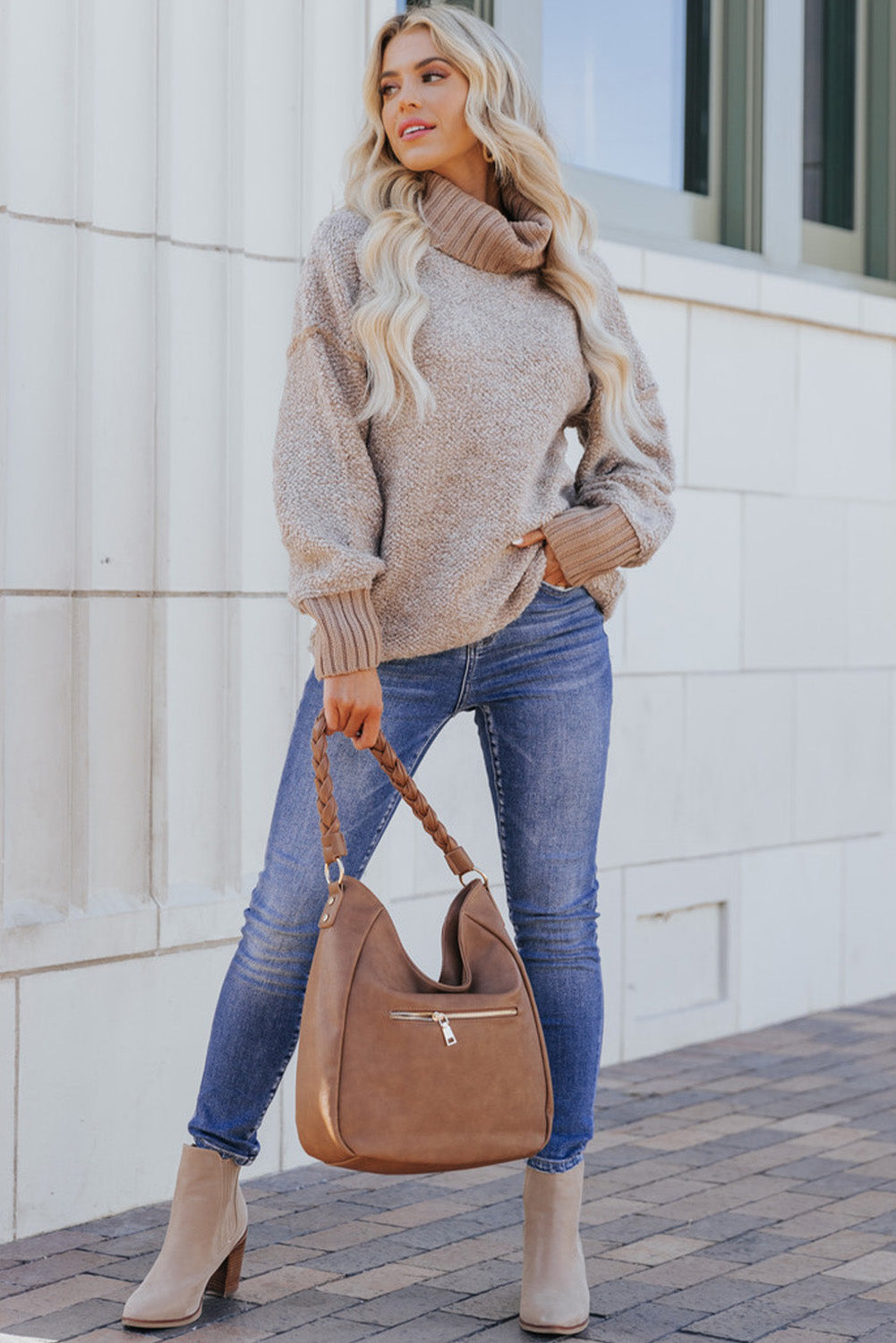 Khaki Pullover Drop Shoulder Chunky Turtleneck Sweater