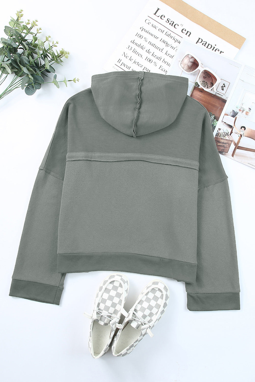 Grey Solid Casual Button Patchwork Trim Hoodie