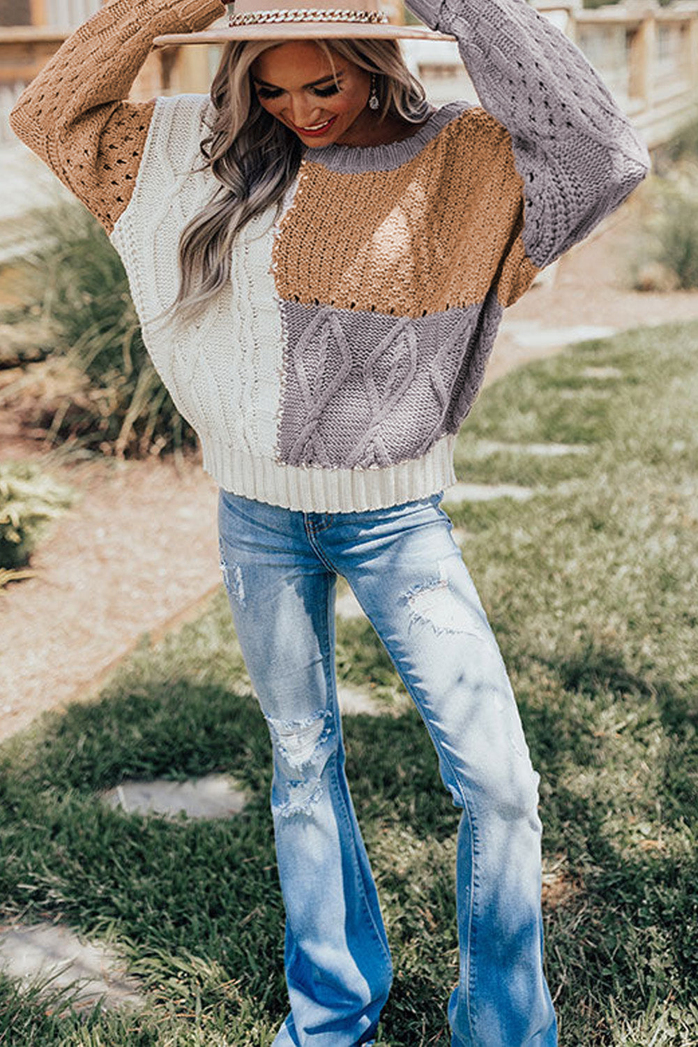 Brown Casual Colorblock Mixed Textured Sweater