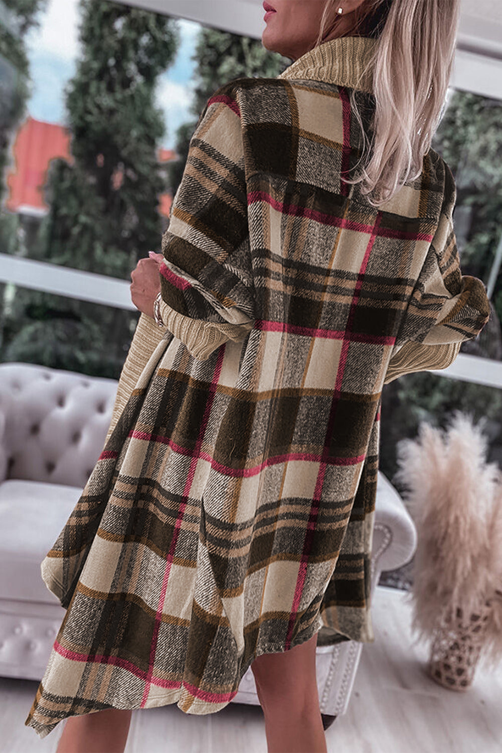 Brown Ribbed Splicing Plaid Open Front Cardigan