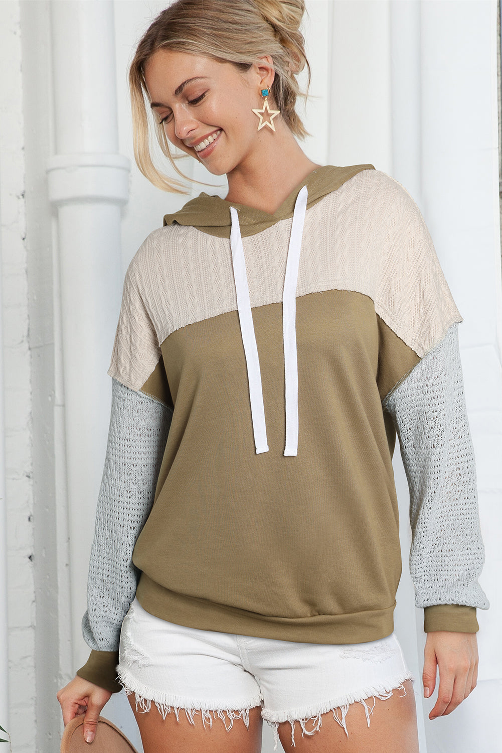 Brown Color Block Exposed Seam Crochet Sleeve Pullover Hoodie