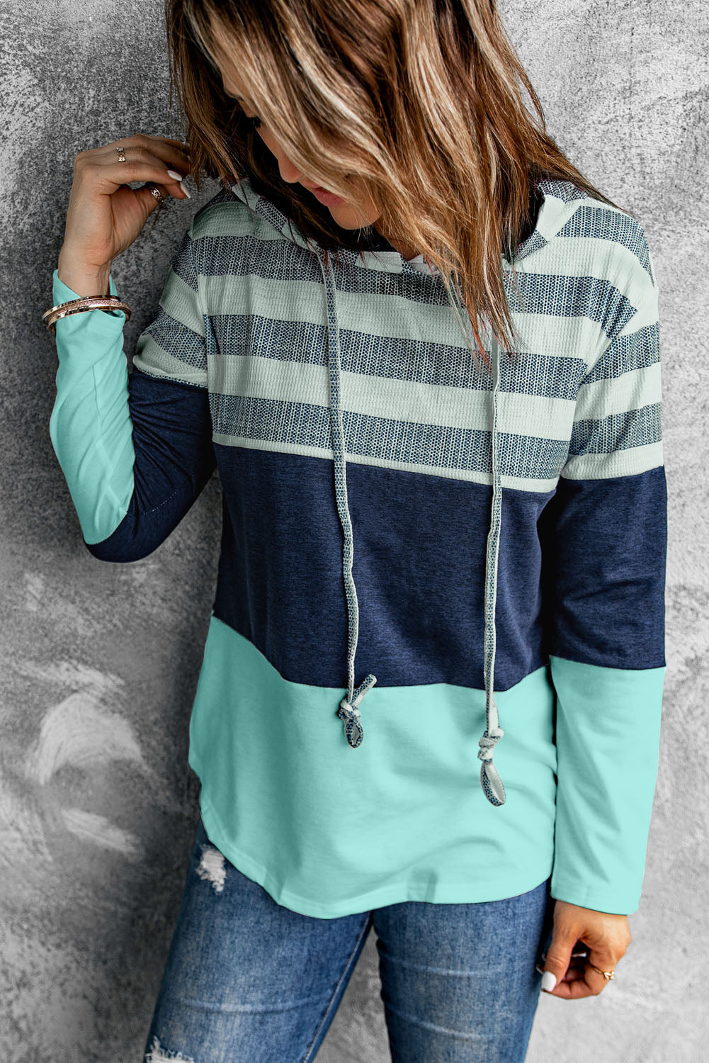 Navy Blue and White Stripes Pullover Hoodie for Women