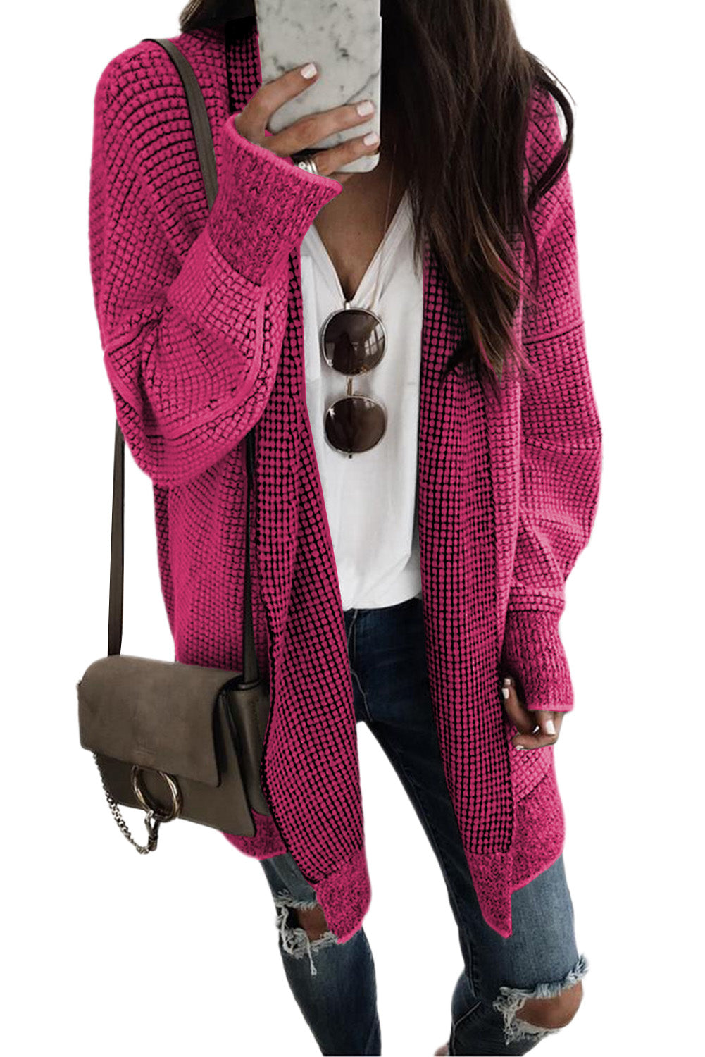 Black Plaid Casual Contrast Trim Knit Cardigan