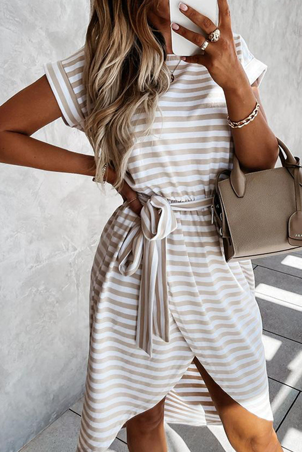 Khaki Stripe Belted Wrapped Hemline T-Shirt Dress