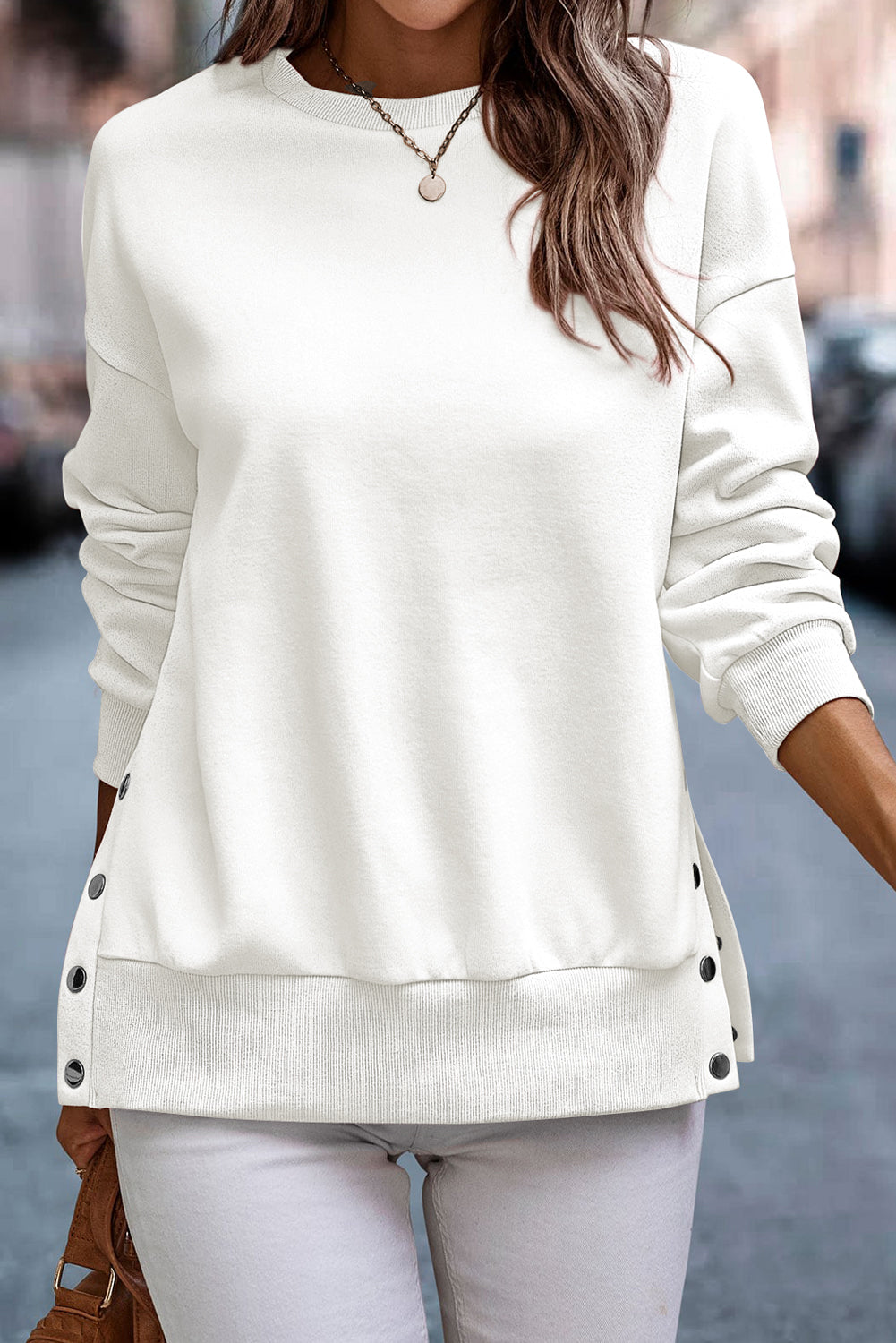 Light Pink Snap Button Side Slits Solid Color Sweatshirt